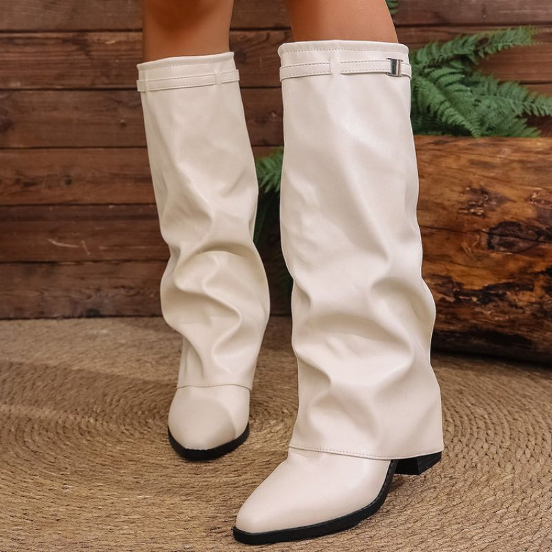 Women's Pointed Toe Knee High Boots | Soft Slouchy Shaft, Low Wide Heel and Metal Trim | Size 5.5-10.5, Beige or Black