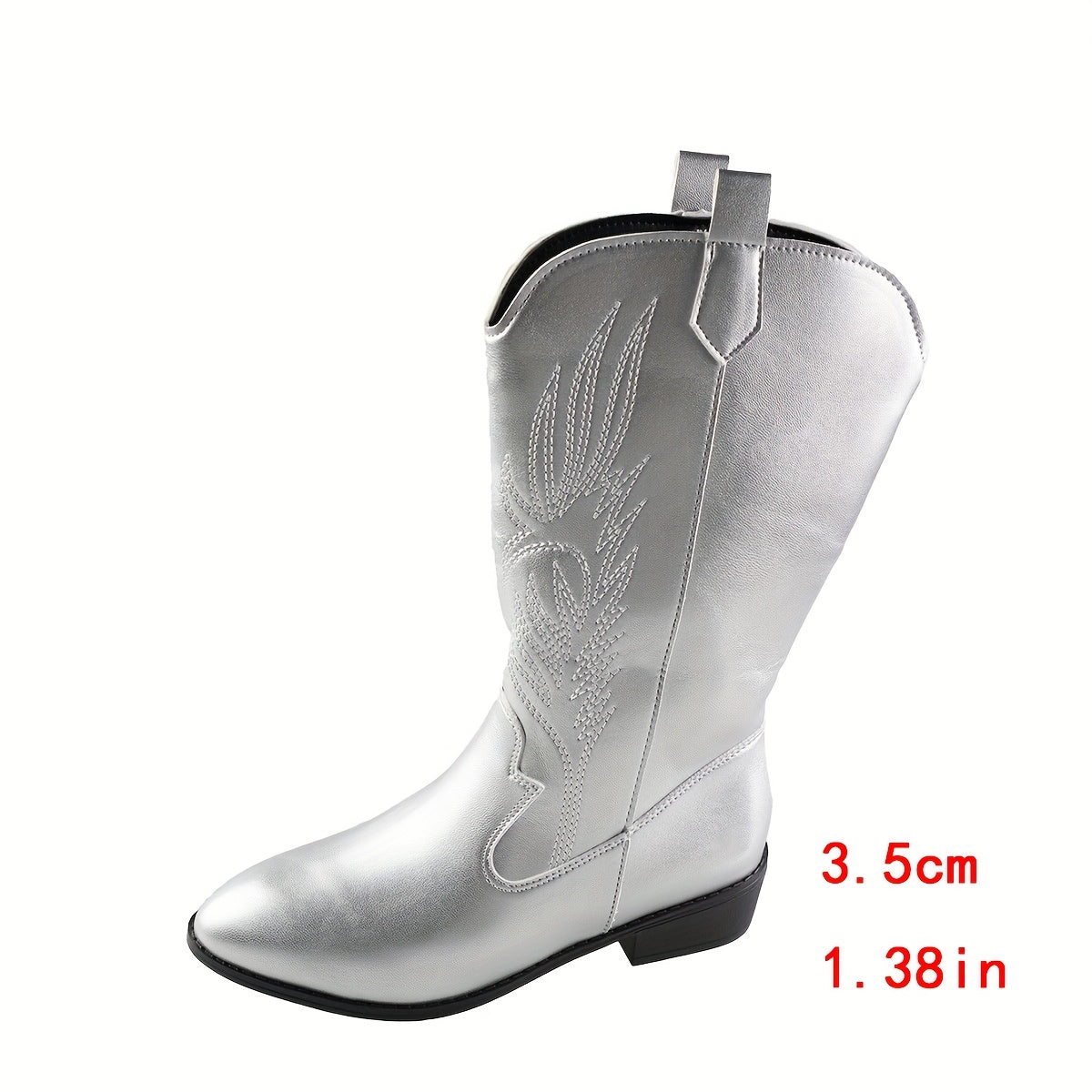 Women's Heeled Boots with Block Heel and Embroidery | Size 5.5-12 | Light Grey