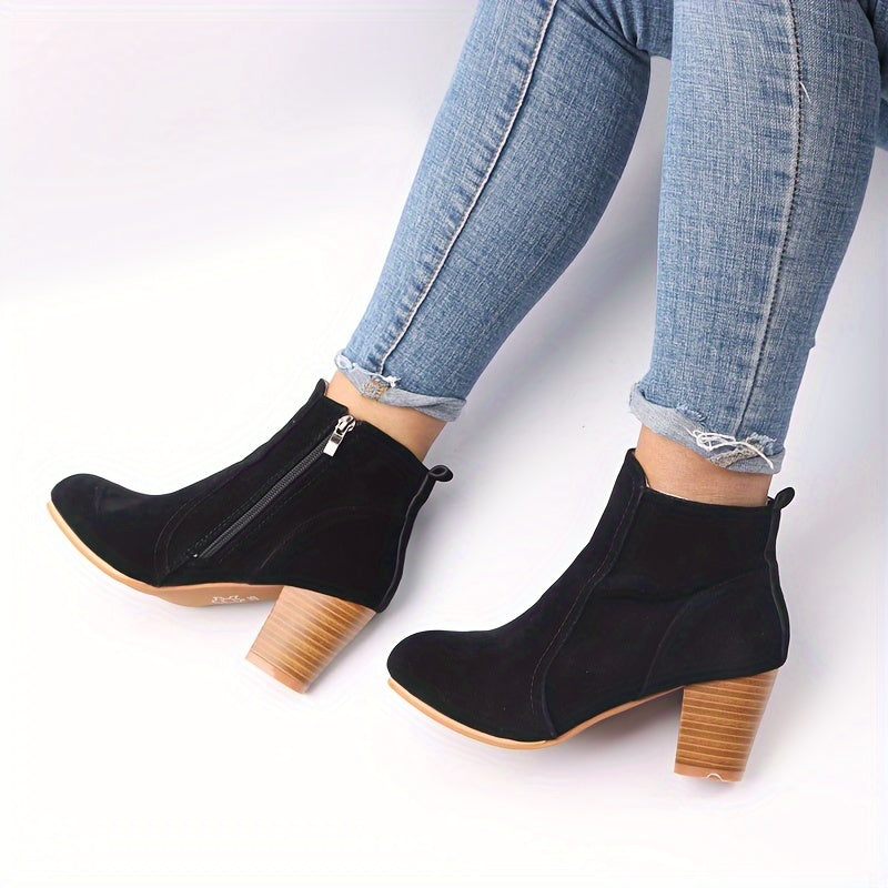Women's Faux Suede Ankle Boots with a Block Heel | Side Zip Entry, Round Toe and a Matte Finish | Size 5.5-10.5, 2 Colors