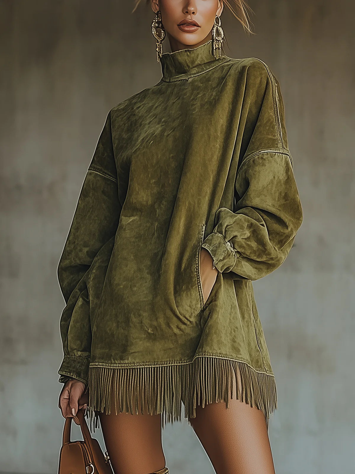 Women's Knit Sweater Dress with Fringe Hem | Mock Turtleneck, Oversized Fit, Mini Length | XS-3XL | 3 Colors
