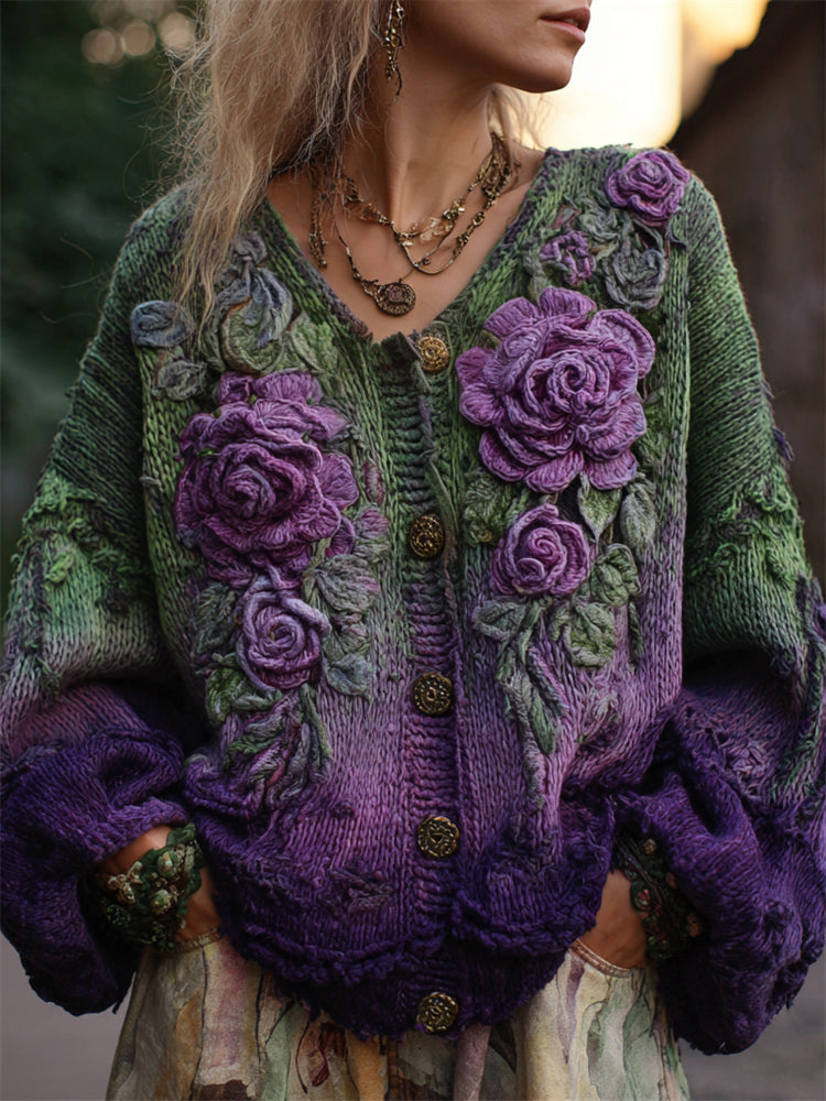 Women's Purple Floral Open Front Cardigan with V-Neck | Vintage Rose Print Openwork Knit, Long Sleeves | Size S-5XL