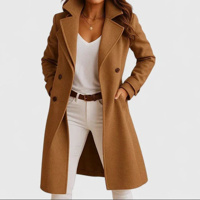 Women's Double Breasted Long Coat with Wide Notch Lapels | Relaxed Silhouette, Button Closure, Side Pockets | Size S-3XL