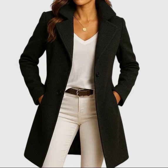 Women's Double Breasted Long Coat with Wide Notch Lapels | Relaxed Silhouette, Button Closure, Side Pockets | Size S-3XL