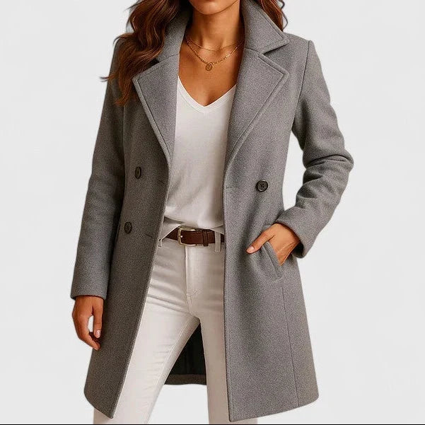 Women's Double Breasted Long Coat with Wide Notch Lapels | Relaxed Silhouette, Button Closure, Side Pockets | Size S-3XL