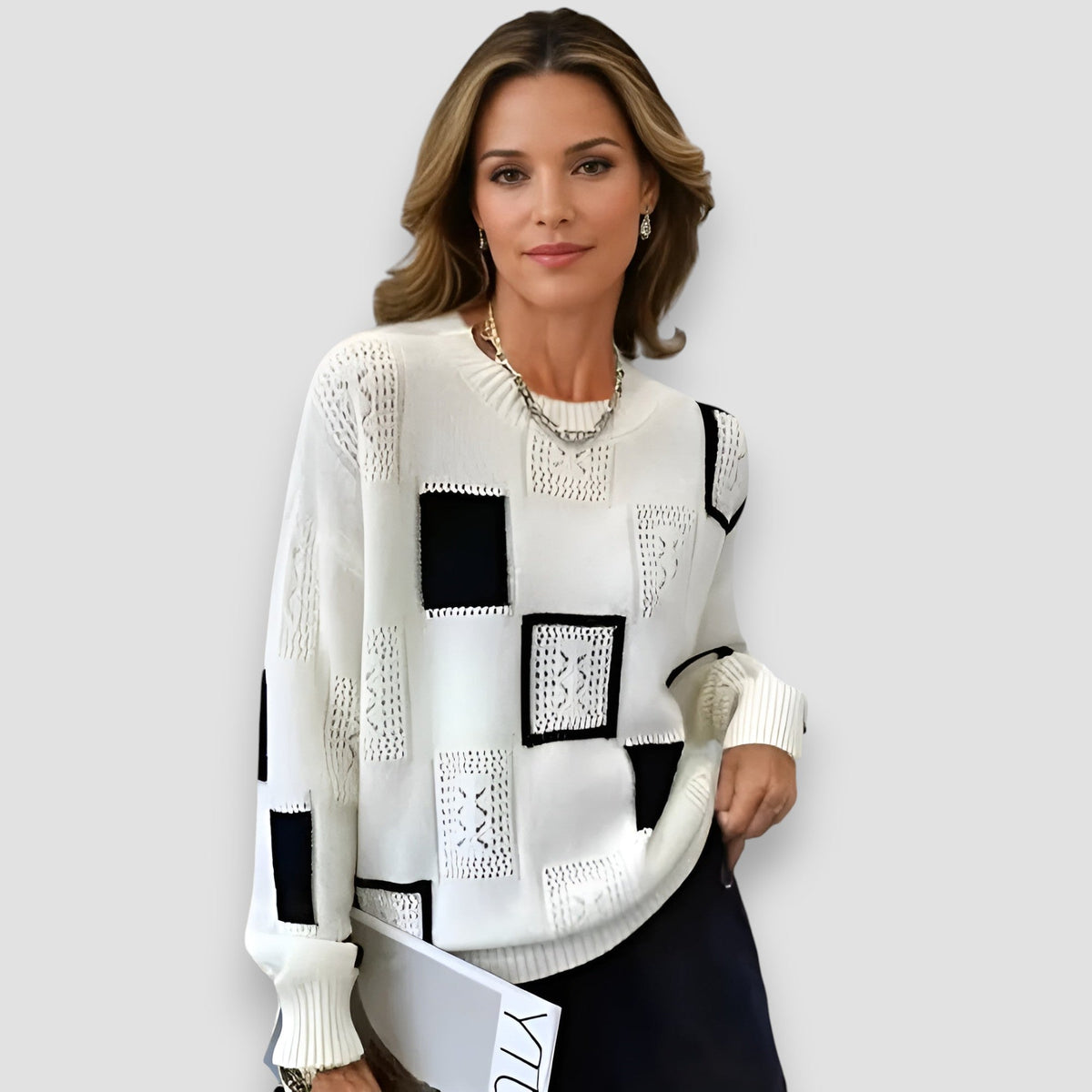 Women's Square Pattern Knit Sweater | Textured Grid Design, Loose Drape, Easy Layering | One Size | White, Black, Yellow