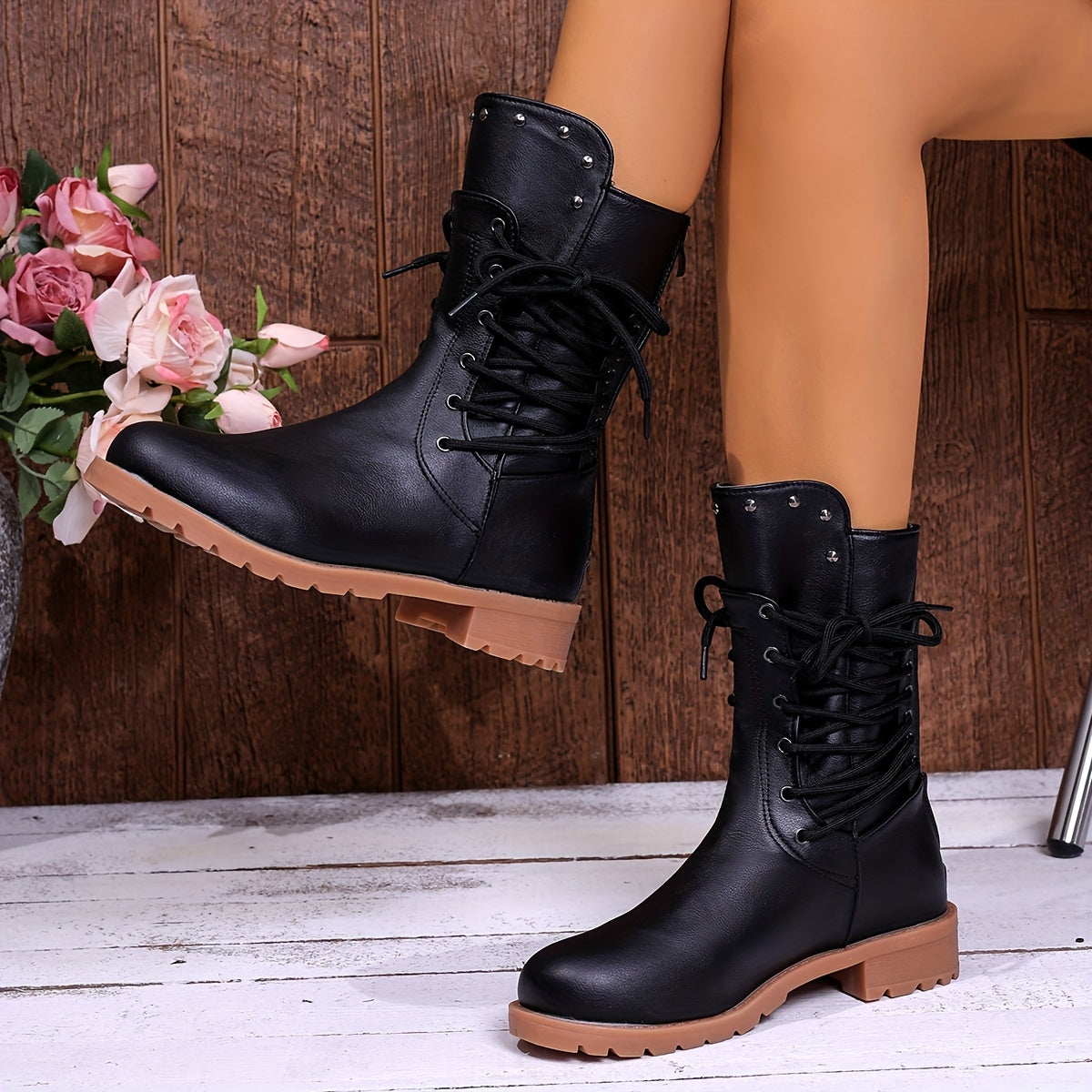 Women's Lace Up Boots with a Mid Calf Shaft | Rivet Trim, Block Heel, Soft Lined Interior | 3 Colors
