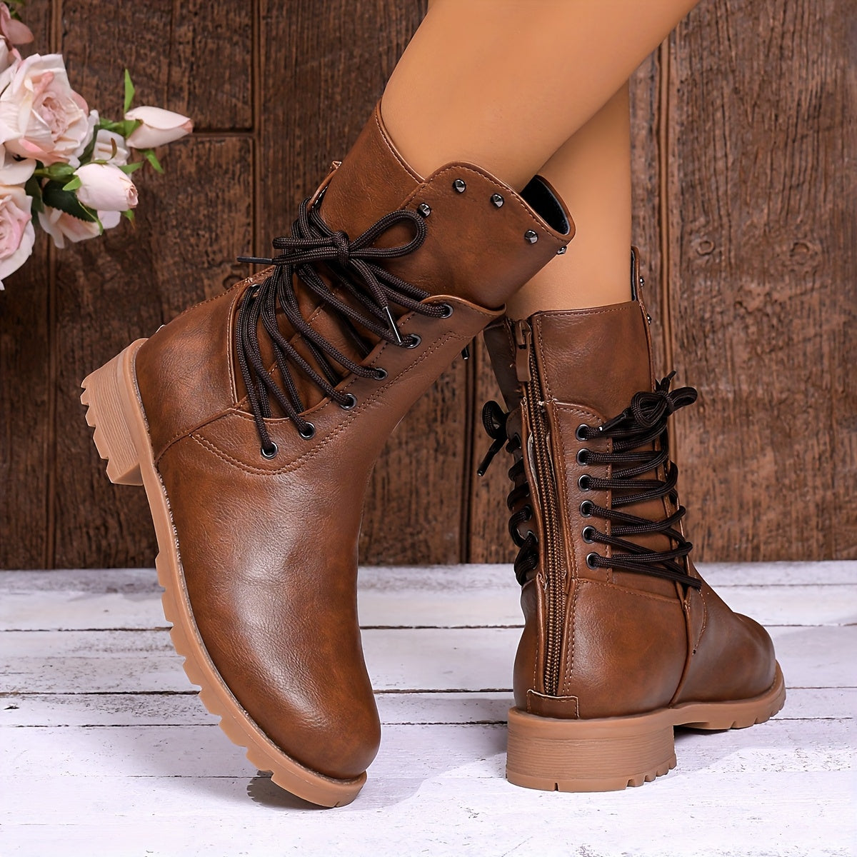Women's Lace Up Boots with a Mid Calf Shaft | Rivet Trim, Block Heel, Soft Lined Interior | 3 Colors