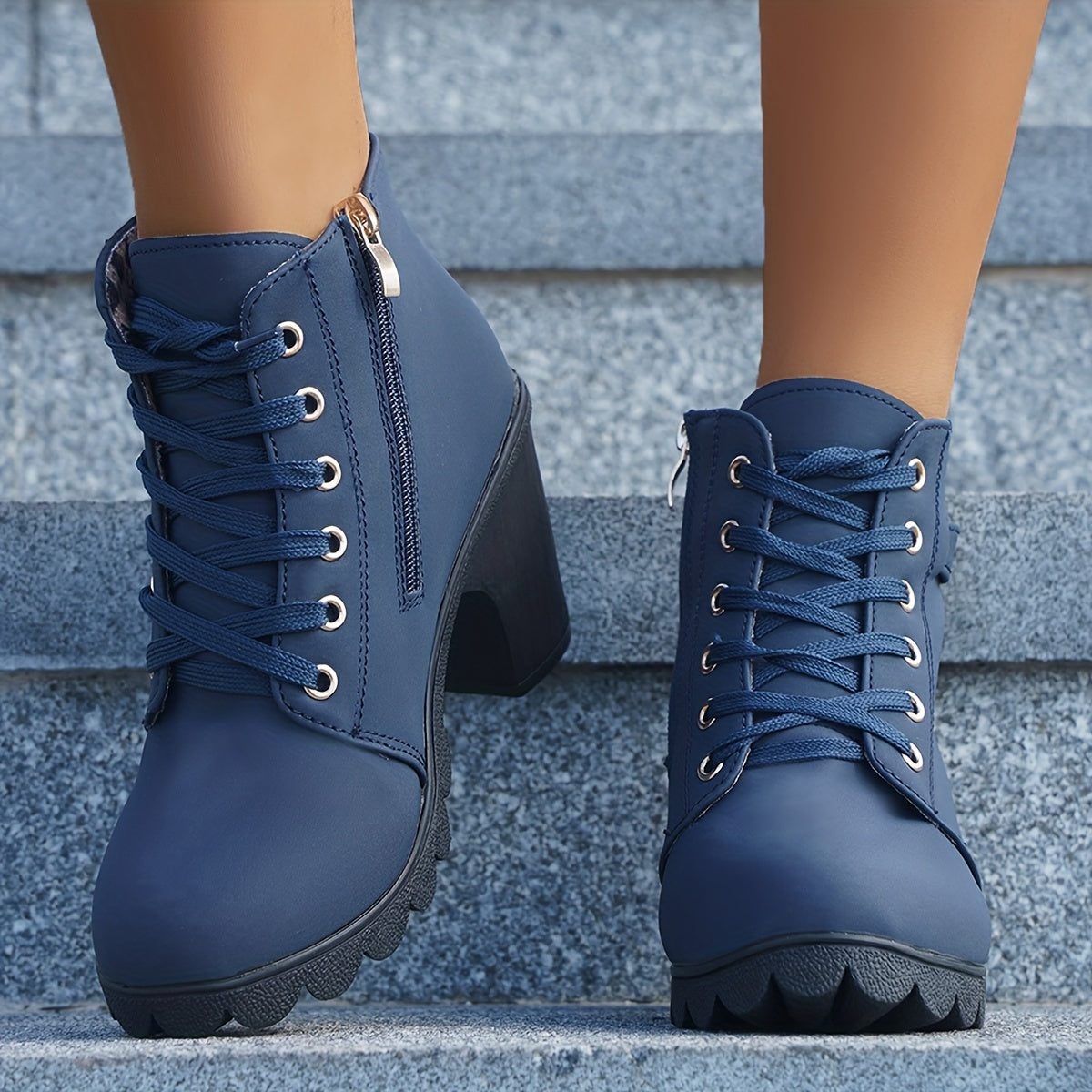 Women's Lace Up Ankle Boots with Side Zip | Chunky Block Heel, Treaded Non-Slip Sole | 5 Colors