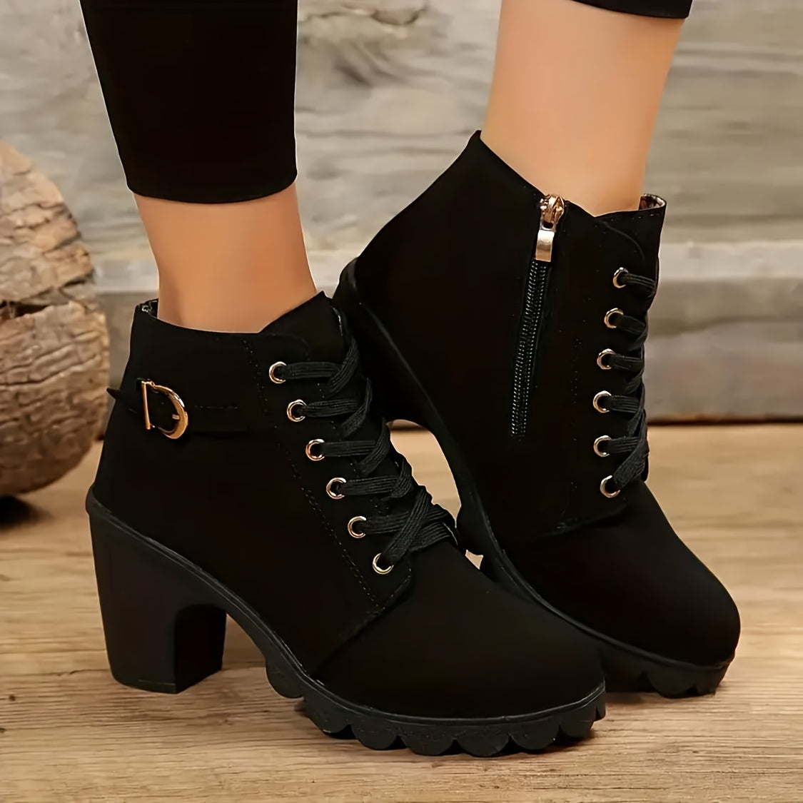 Women's Lace Up Ankle Boots with Side Zip | Chunky Block Heel, Treaded Non-Slip Sole | 5 Colors