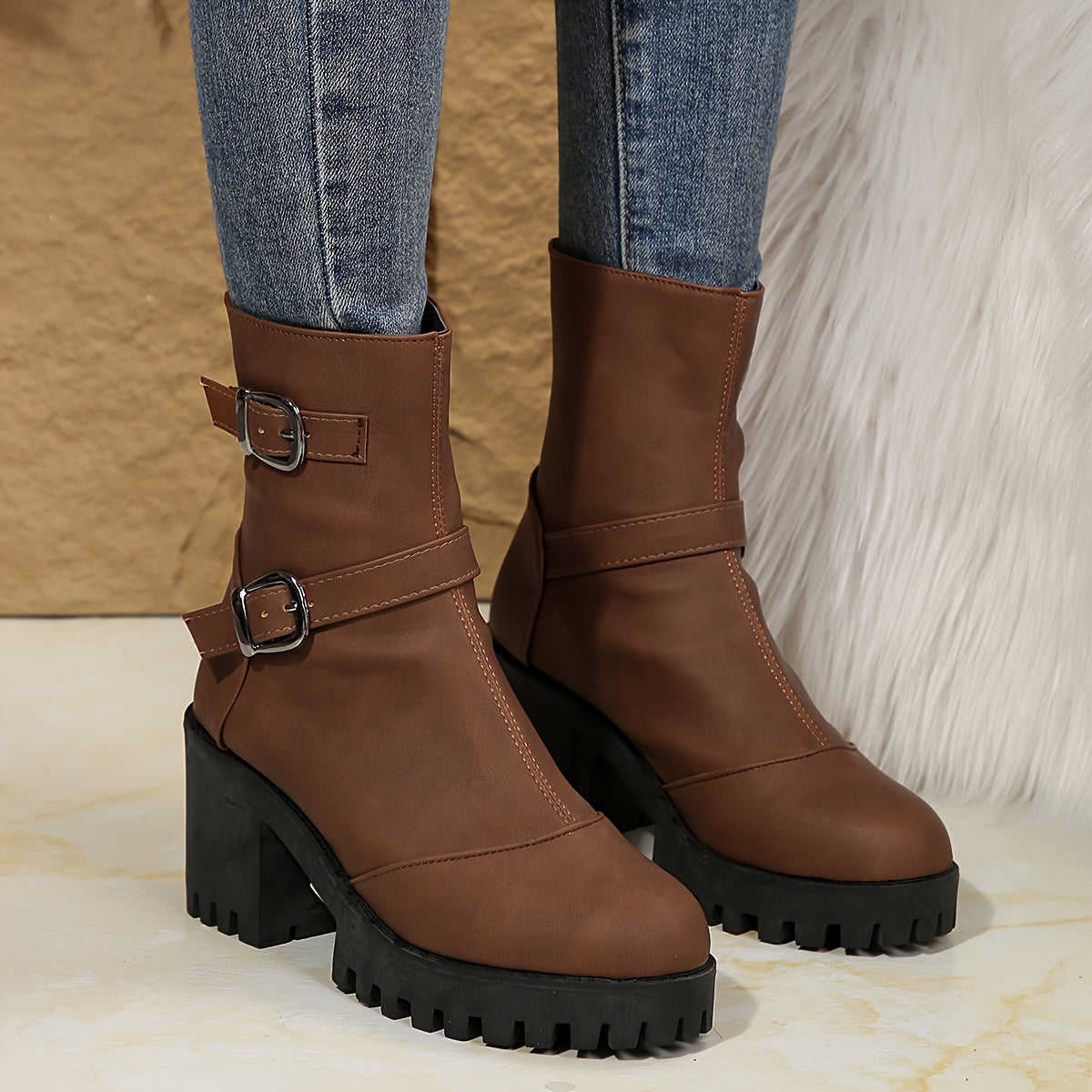 Women's Platform Ankle Boots with Block Heel | Double Adjustable Buckle, Lug Sole, Side Zip | Size 5.5-10.5