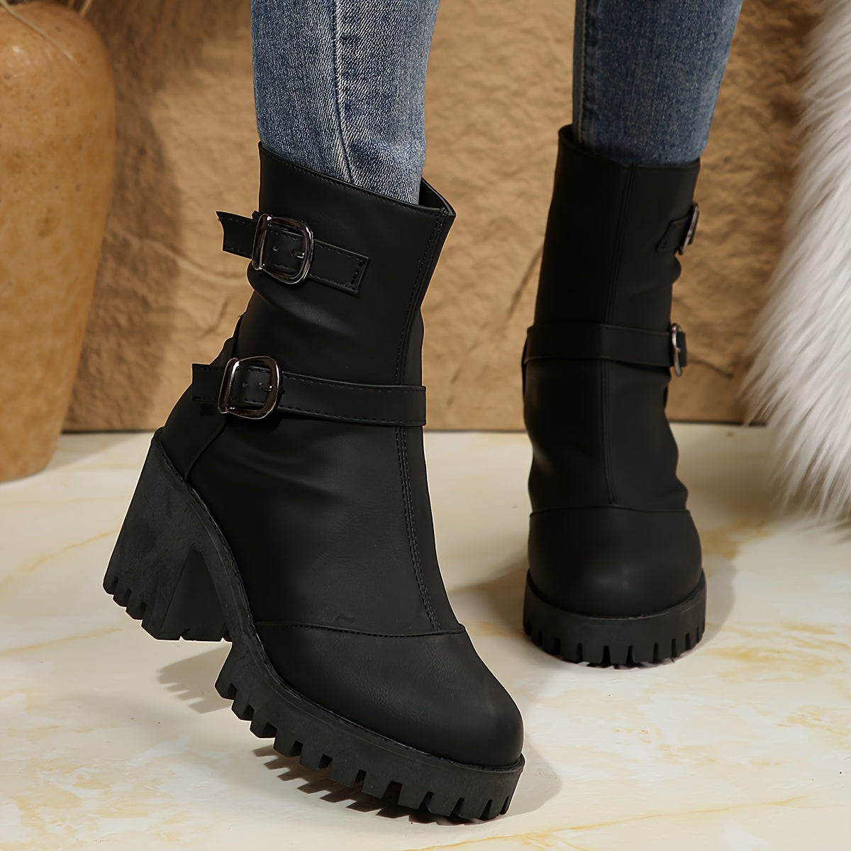 Women's Platform Ankle Boots with Block Heel | Double Adjustable Buckle, Lug Sole, Side Zip | Size 5.5-10.5