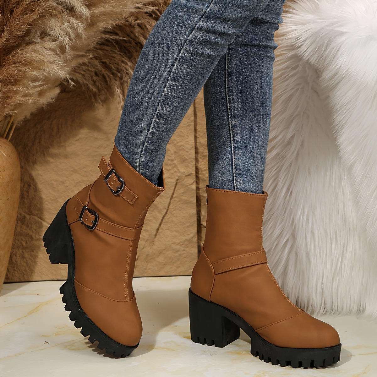 Women's Platform Ankle Boots with Block Heel | Double Adjustable Buckle, Lug Sole, Side Zip | Size 5.5-10.5