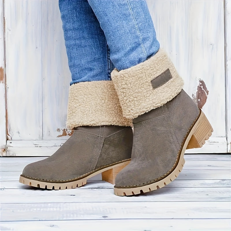 Women's Fleece-Lined Ankle Boots | Rolled Fleece Cuff, Block Heel, Lug Sole, Pull-On | US 5.5-12 | 6 Colors