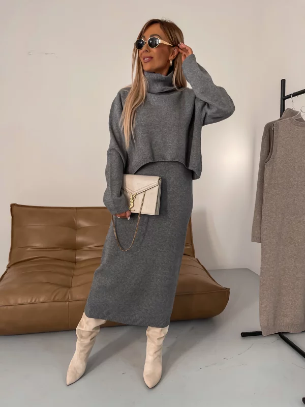 Women's Two Piece Midi Knit Dress and Turtleneck Sweater | Matching Set with a Loose Fit | Sizes S-3XL, 3 Colors