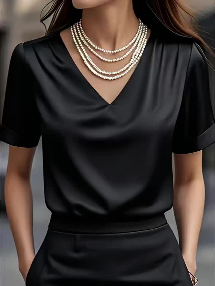 Women's Satin Blouse with V Neck and Short Sleeves | Relaxed Drape, Smooth Seams | Sizes XS to 3XL, 4 Colors