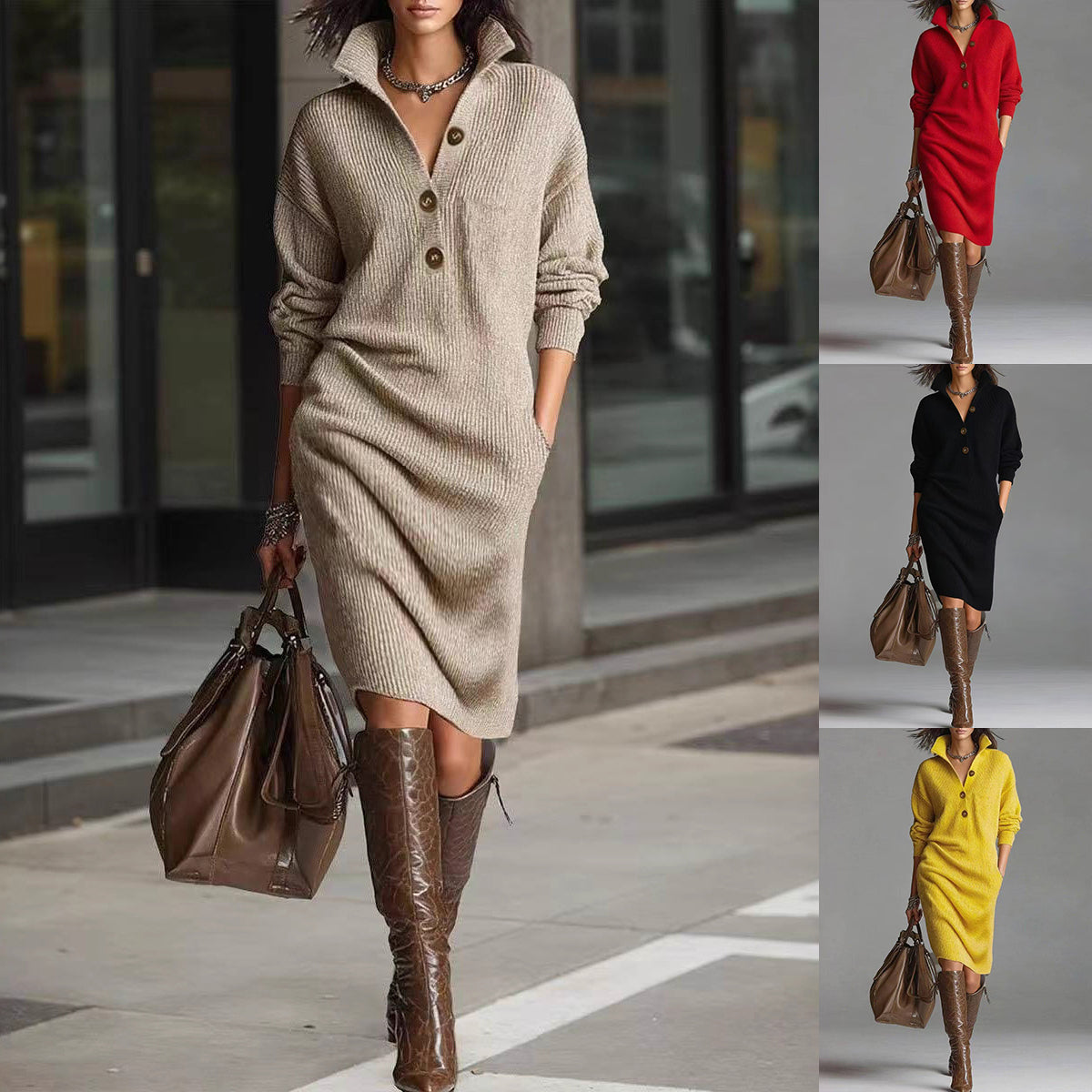 Women's Knit Sweater Dress with Collared Button Placket | Relaxed Drop Shoulder Shape, Below the Knee | Sizes S-3XL, 5 Colors