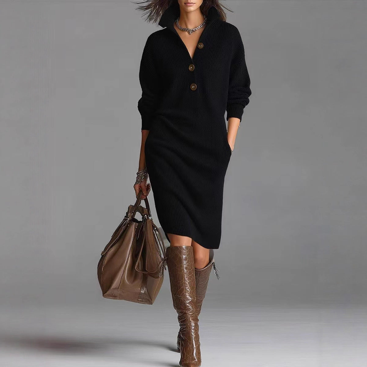Women's Knit Sweater Dress with Collared Button Placket | Relaxed Drop Shoulder Shape, Below the Knee | Sizes S-3XL, 5 Colors