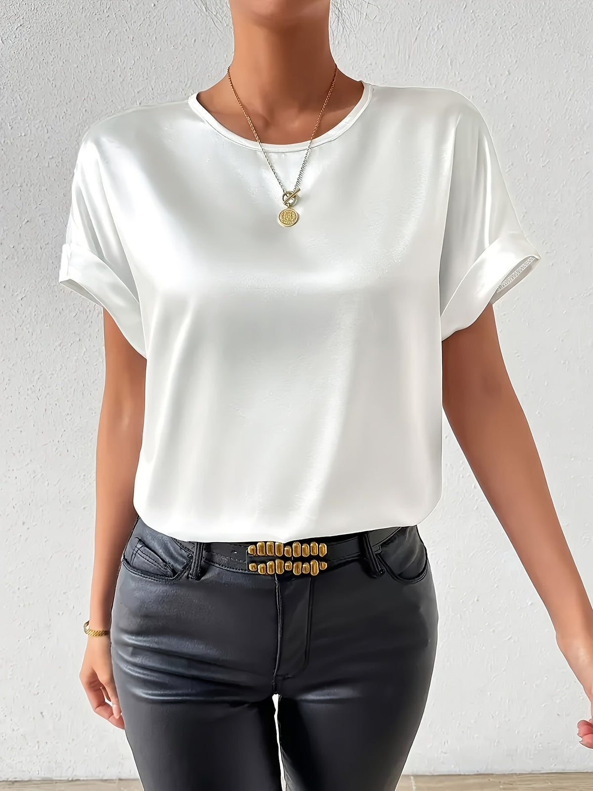 Women's Short Sleeve Blouse in Satin-Finish Cotton Blend | Crew Neck, Button Back | Sizes XS to 3XL, 4 Colors