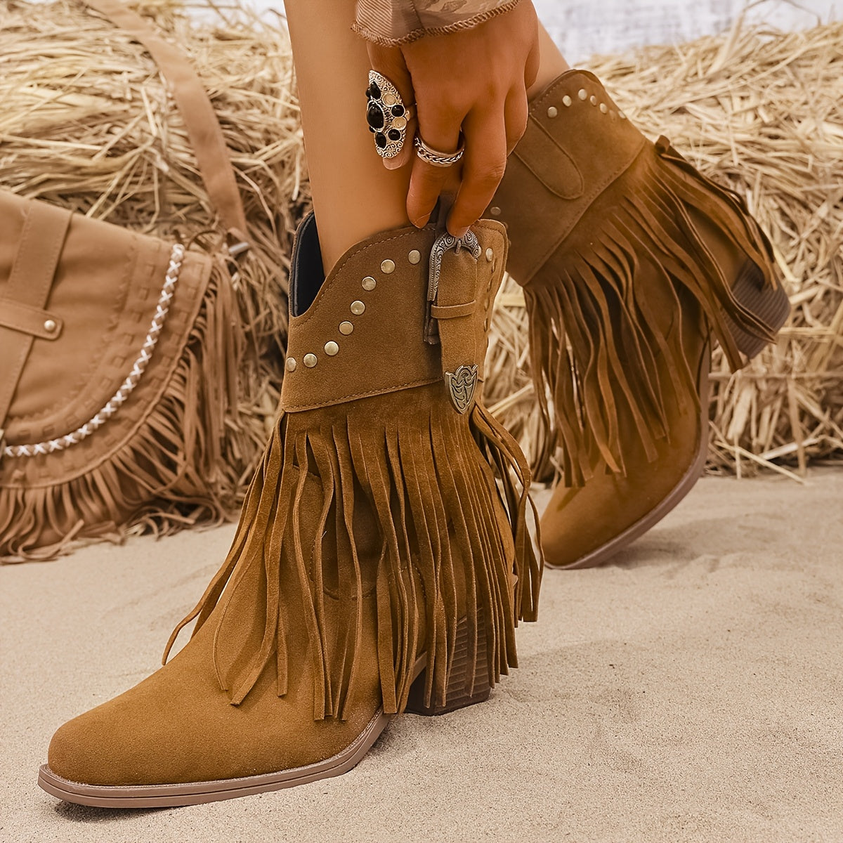 Women's Black Boots with Block Heel and Embroidery | Size 5.5-12 | Light Brown, Black
