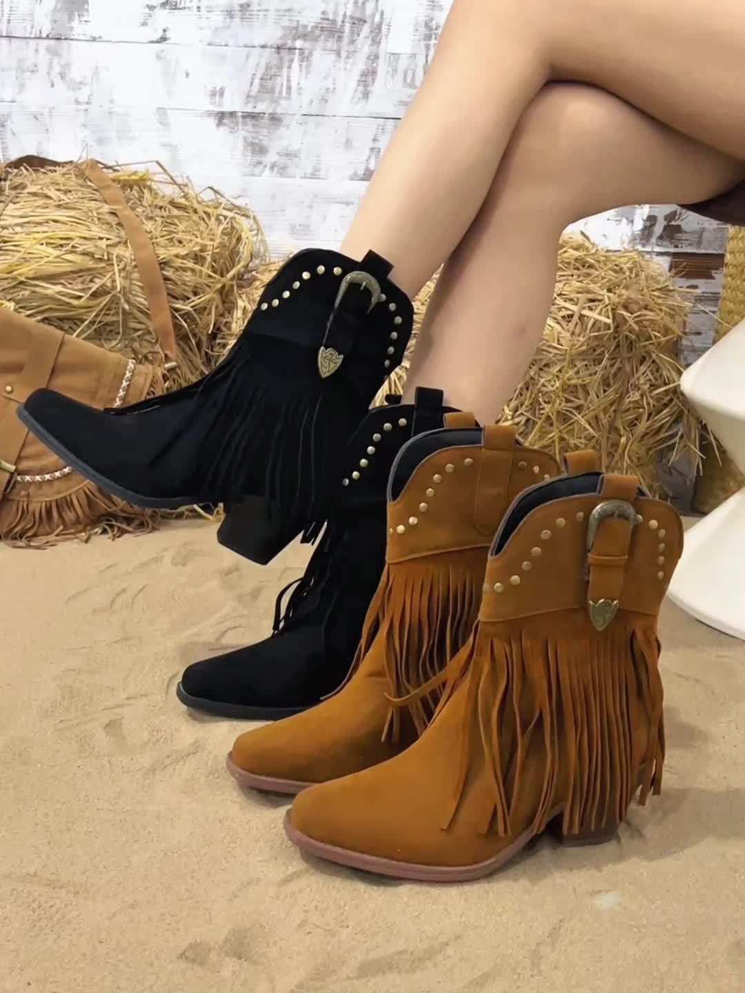 Women's Black Boots with Block Heel and Embroidery | Size 5.5-12 | Light Brown, Black
