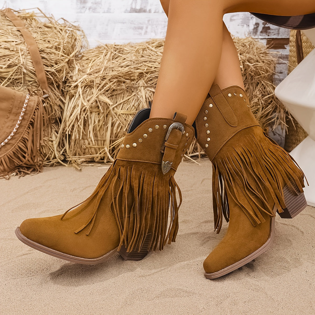 Women's Black Boots with Block Heel and Embroidery | Size 5.5-12 | Light Brown, Black