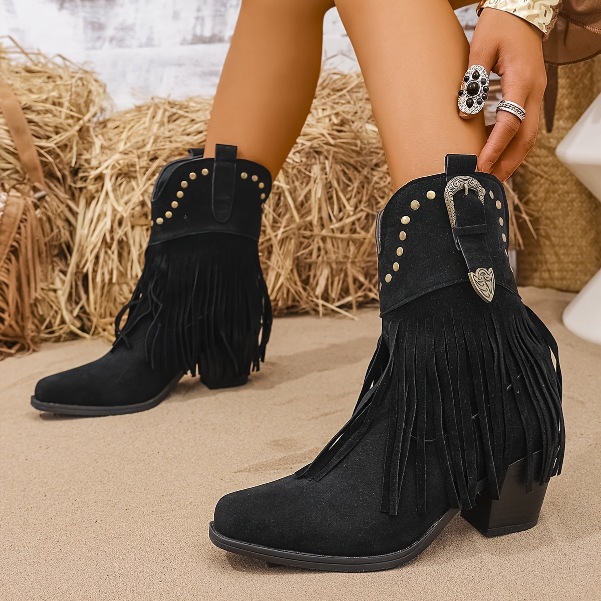 Women's Black Boots with Block Heel and Embroidery | Size 5.5-12 | Light Brown, Black
