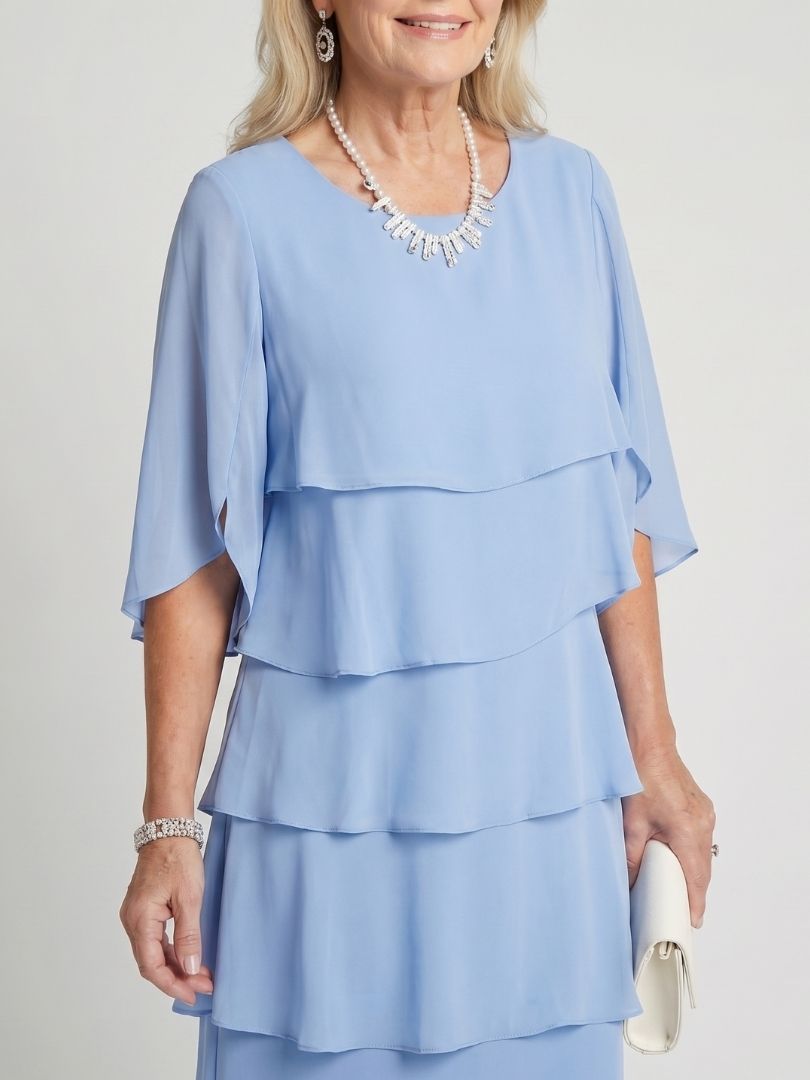 Women's Ruffle Midi Dress with Layered Tiers | Butterfly Sleeves and a Round Neckline for Occasions | Size S-3XL, 4 Colors