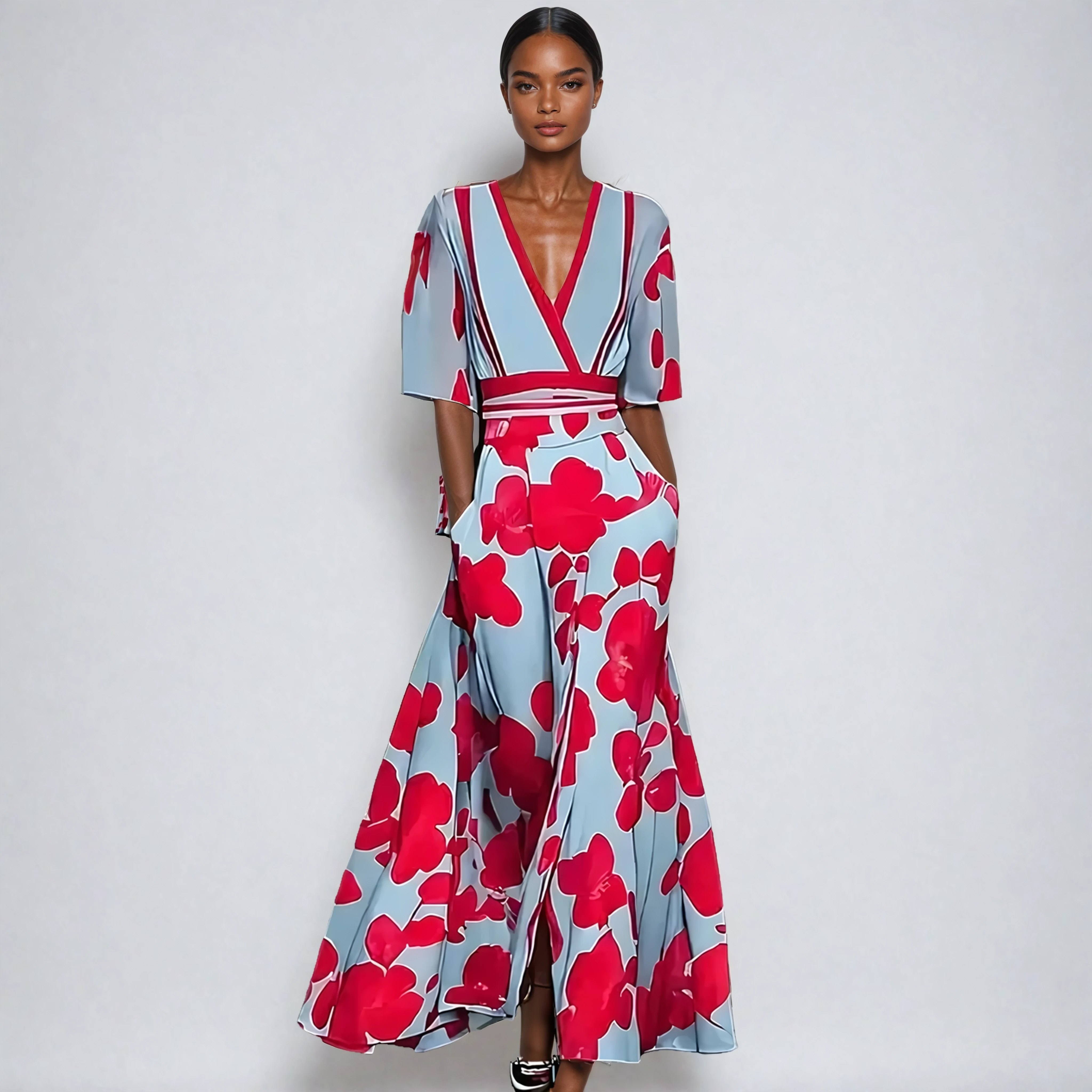 Floral Print A-Line Maxi Dress with V-Neckline
