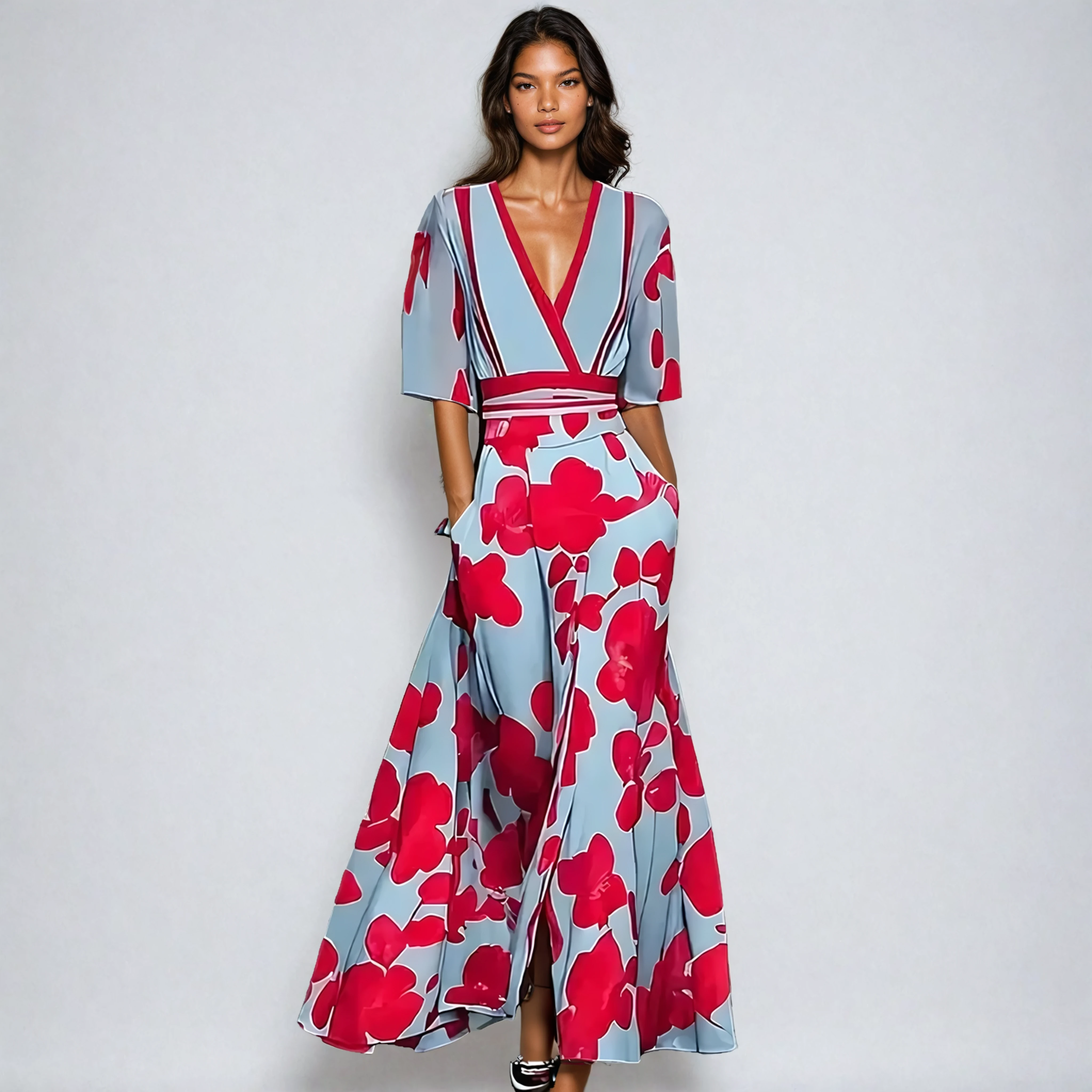 Floral Print A-Line Maxi Dress with V-Neckline