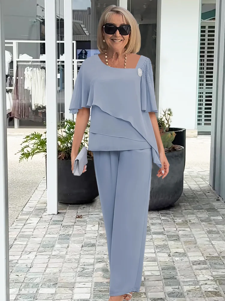 Women's Summer Two Piece Set with Short Sleeves in Stretch Fabric | Breathable, Opaque Solid Outfit in Blue or Navy | Size S-3XL