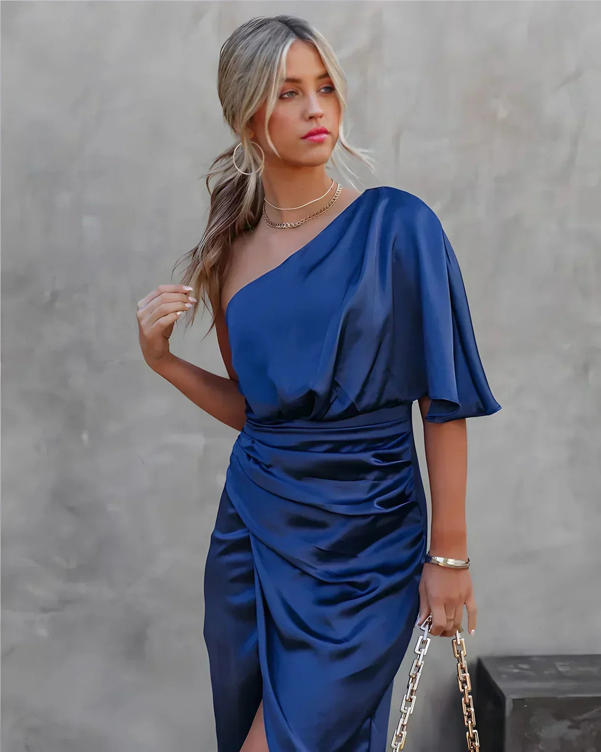 Women's One Shoulder Midi Dress with a Side Slit | Draped Waist for a Cocktail or an Awards Evening | Size S-XL, 5 Colors