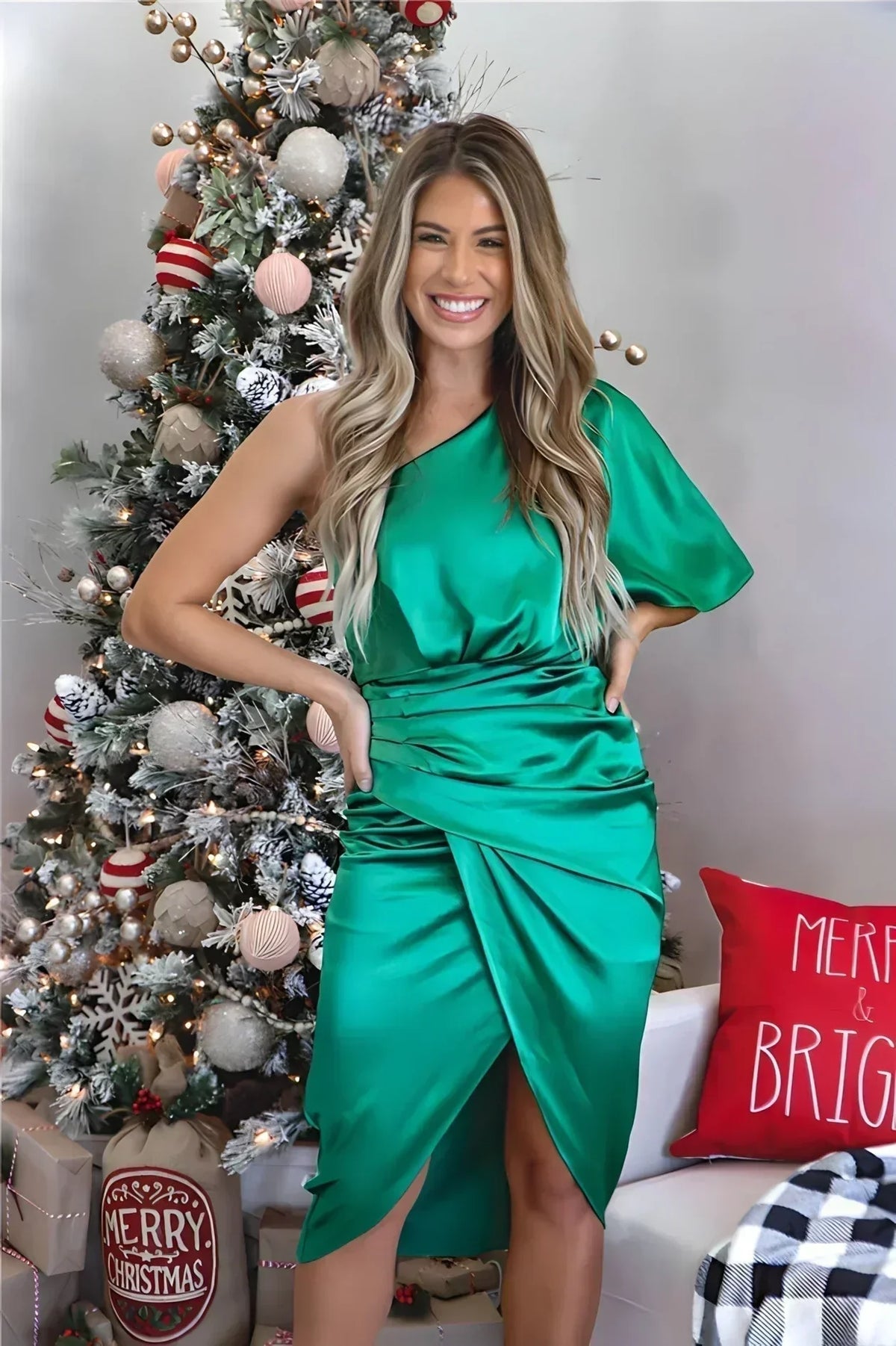 Women's One Shoulder Midi Dress with a Side Slit | Draped Waist for a Cocktail or an Awards Evening | Size S-XL, 5 Colors