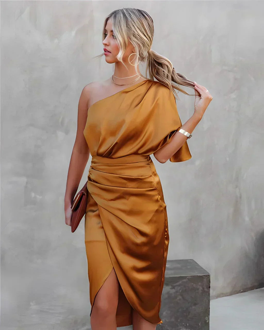 Women's One Shoulder Midi Dress with a Side Slit | Draped Waist for a Cocktail or an Awards Evening | Size S-XL, 5 Colors