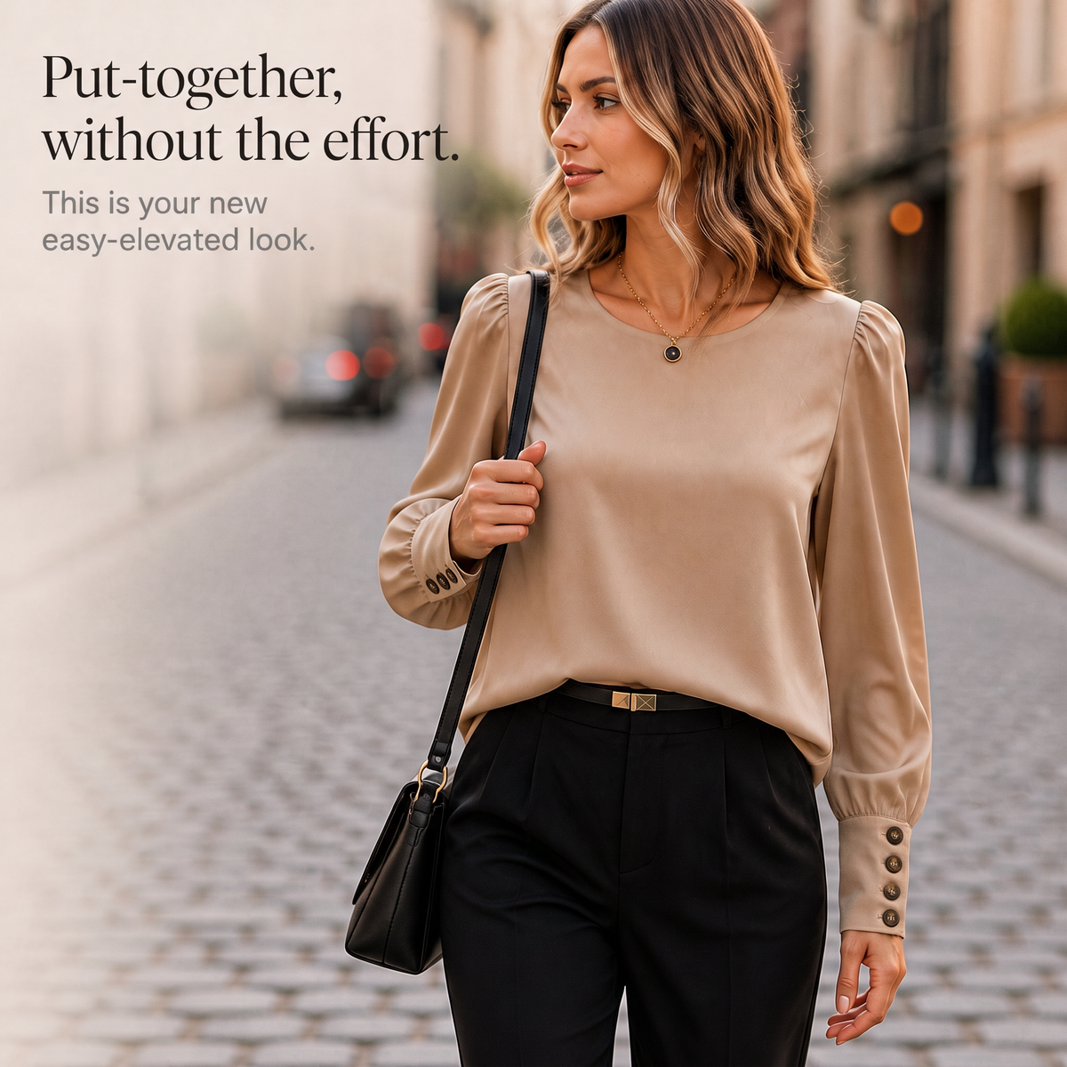 Women's Puff Sleeve Blouse in Lightweight Polyester | Round Neckline, Back Button Detail | Sizes S to 2XL, 4 Colors