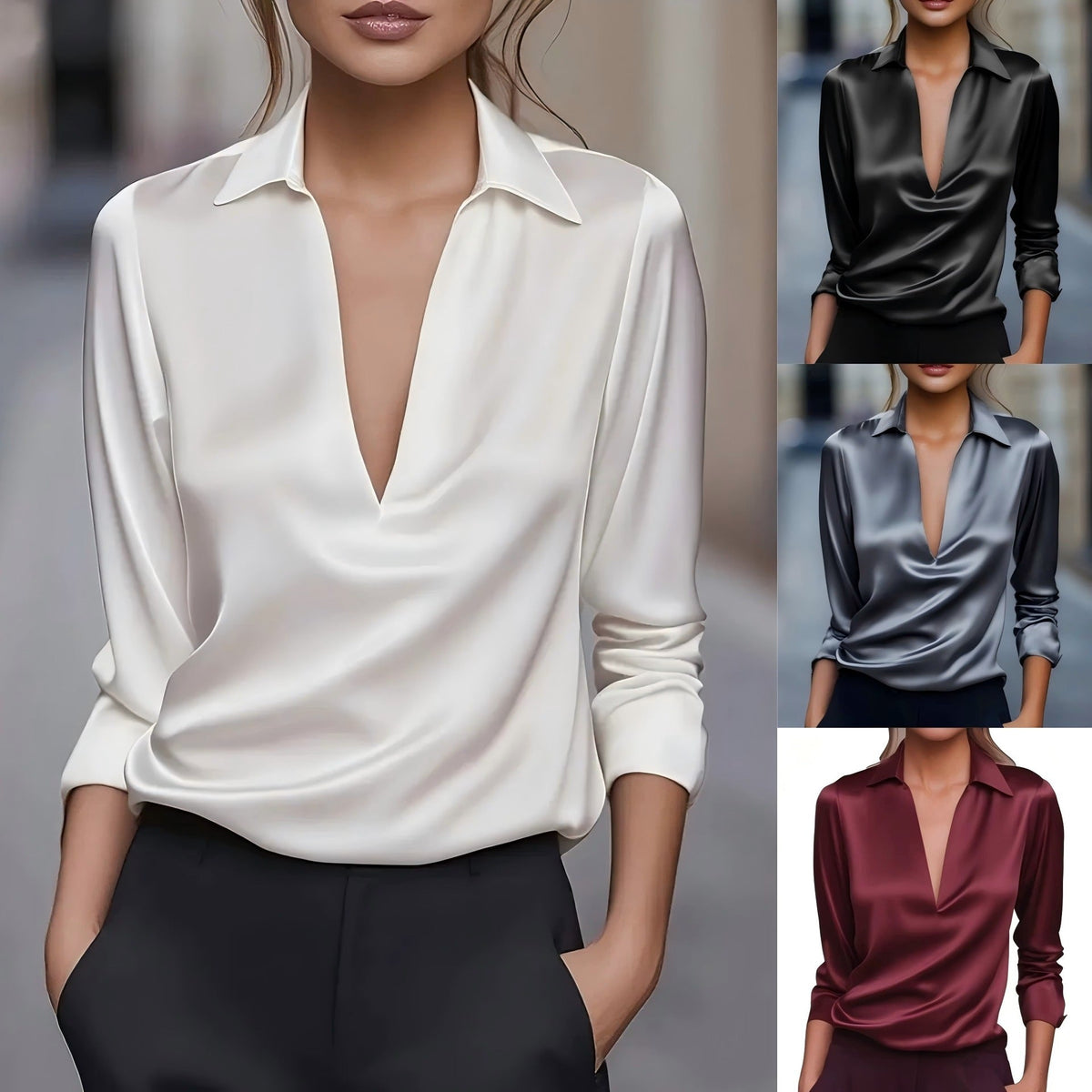 Women's Satin-Look V Neck Blouse with Draped Front | Long Sleeves, Lightly Fitted Cut | Sizes S to 2XL, 6 Colors