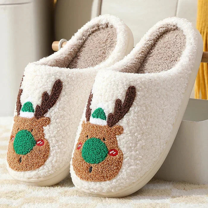 Women's Soft Slippers with a Reindeer Patch | Plush Closed Toe House Shoes on an Anti Slip TPV Sole | 2 Colors