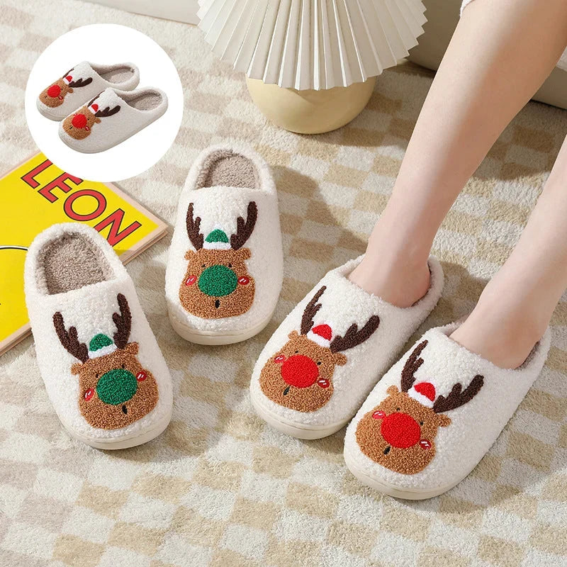 Women's Soft Slippers with a Reindeer Patch | Plush Closed Toe House Shoes on an Anti Slip TPV Sole | 2 Colors