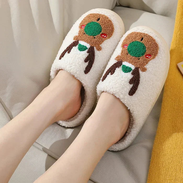 Women's Soft Slippers with a Reindeer Patch | Plush Closed Toe House Shoes on an Anti Slip TPV Sole | 2 Colors