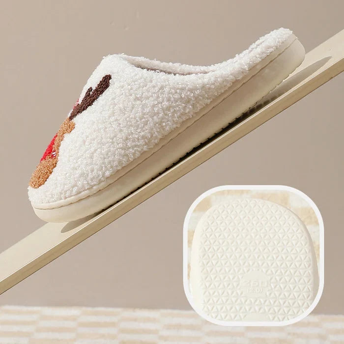 Women's Soft Slippers with a Reindeer Patch | Plush Closed Toe House Shoes on an Anti Slip TPV Sole | 2 Colors