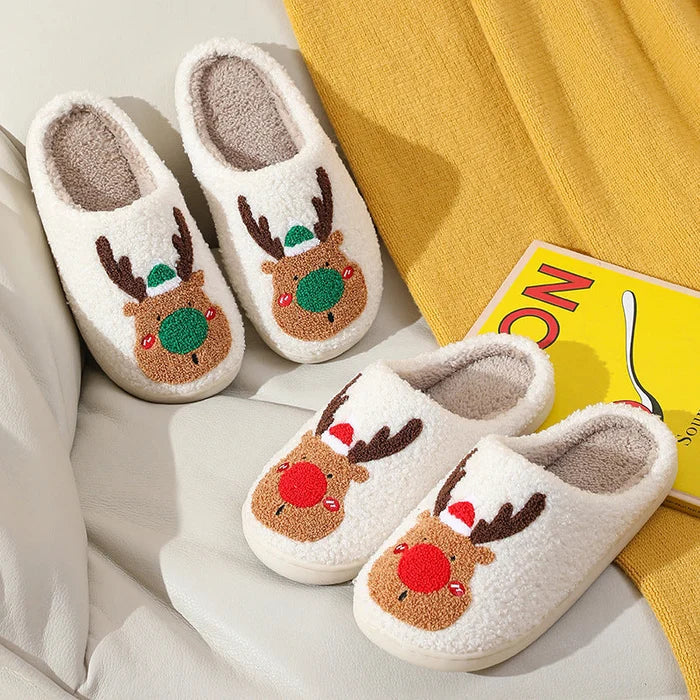 Women's Soft Slippers with a Reindeer Patch | Plush Closed Toe House Shoes on an Anti Slip TPV Sole | 2 Colors
