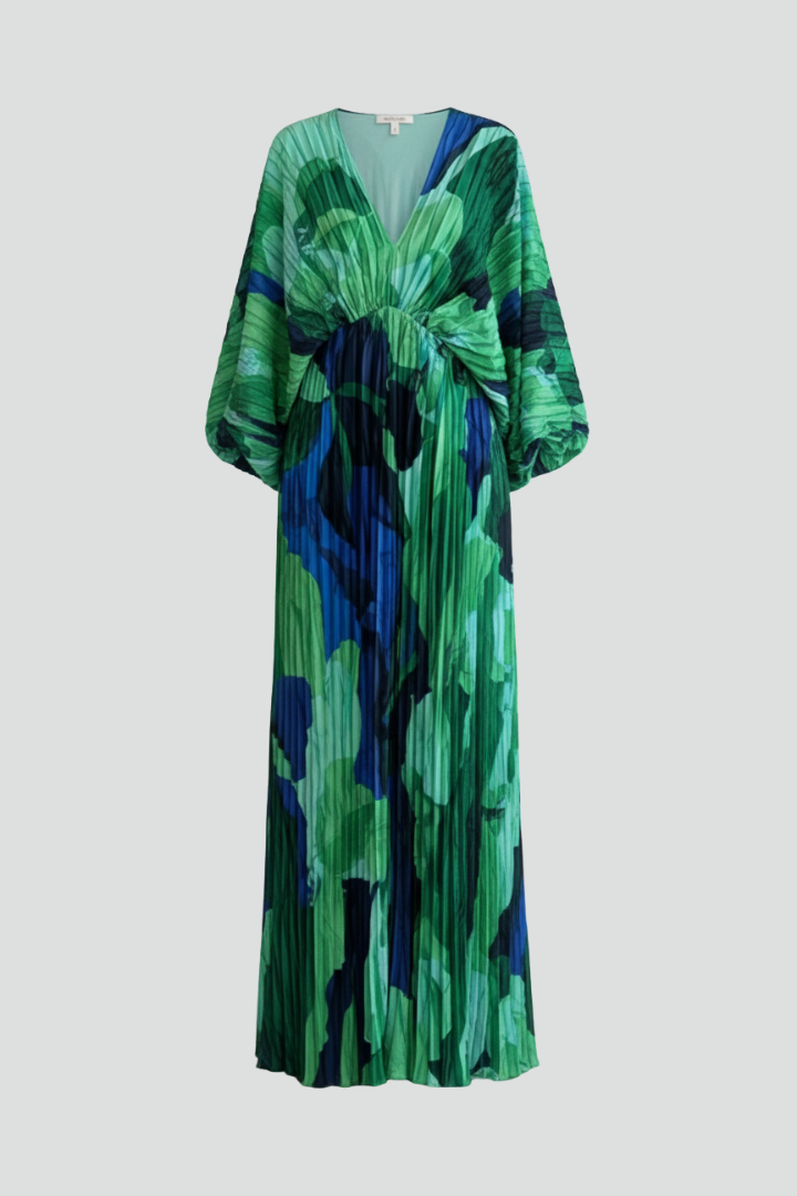 Women's Long Sleeve Maxi Dress with a V Neck | Pleated Fabric and a Printed Green Design | Size S-XL