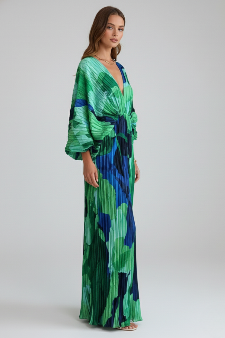 Women's Long Sleeve Maxi Dress with a V Neck | Pleated Fabric and a Printed Green Design | Size S-XL
