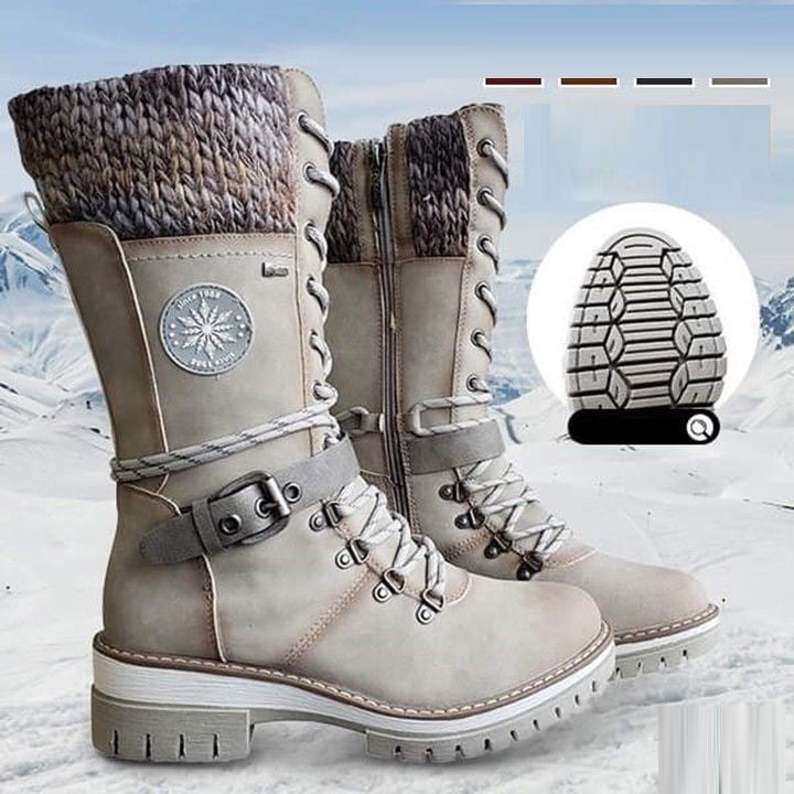 Women's Lace-Up Mid-Calf Winter Boots | Chunky Knit Cuff, Side Zip Entry, Lug Grip Sole | US 5.5-12 | 6 Colors