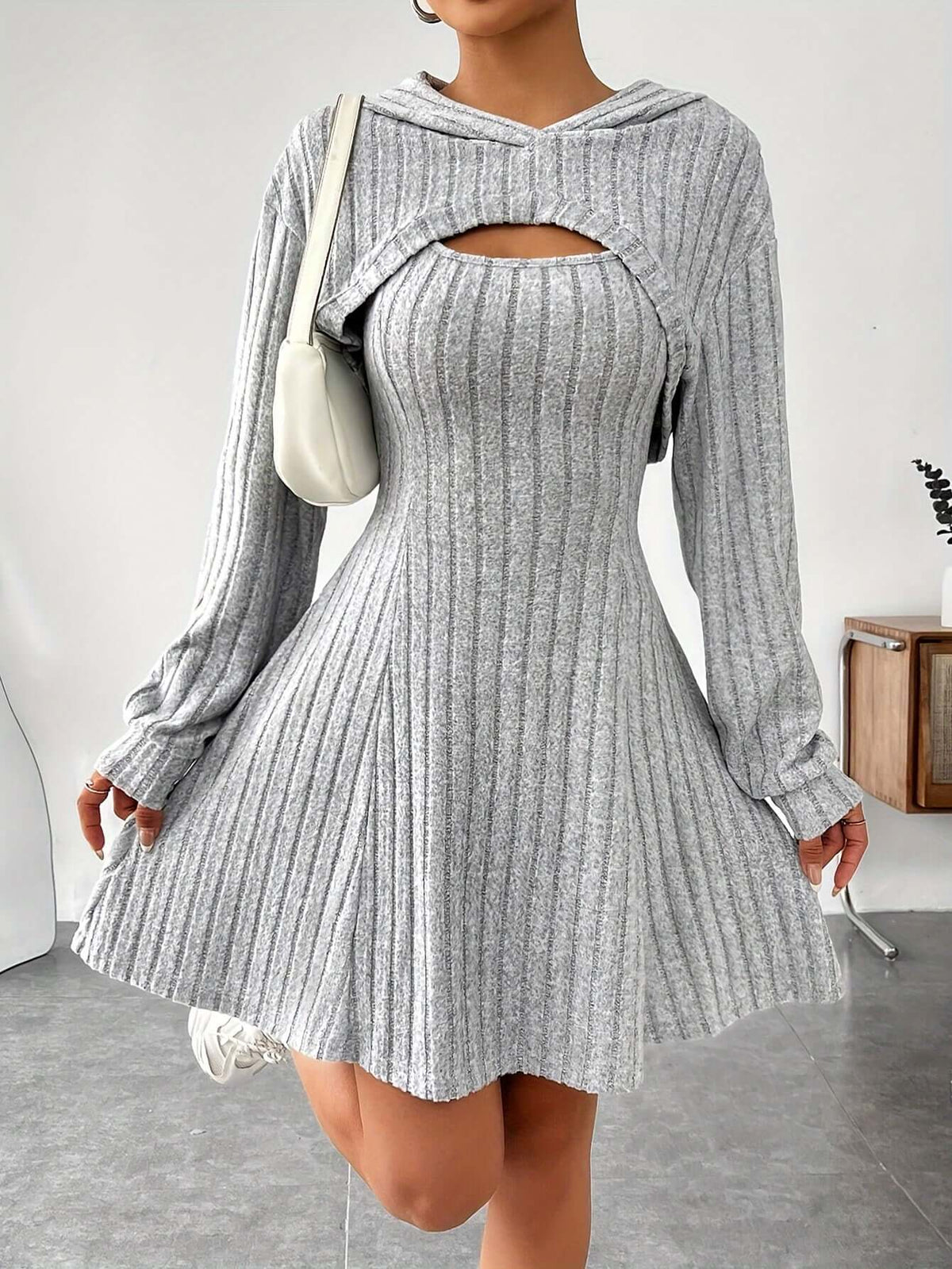 Women's Mini Knit Dress with Chest Cutout and Hood | Ribbed Texture, Long Sleeves, Flared Skirt | Sizes S-L, 6 Colors