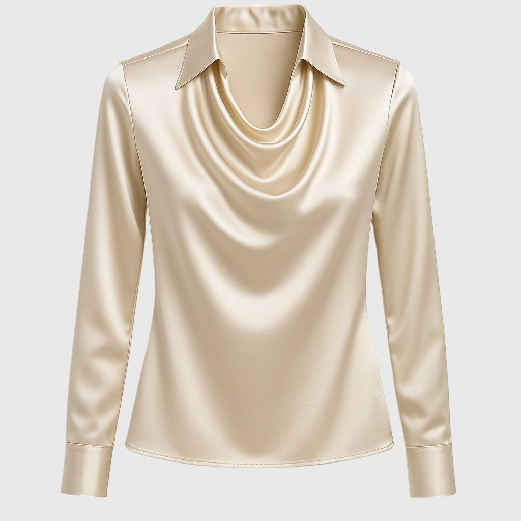 Women's Draped Blouse with Pleated Neckline and Subtle Shine | Flowy Dressy Top, Relaxed Fit | Size XS-3XL