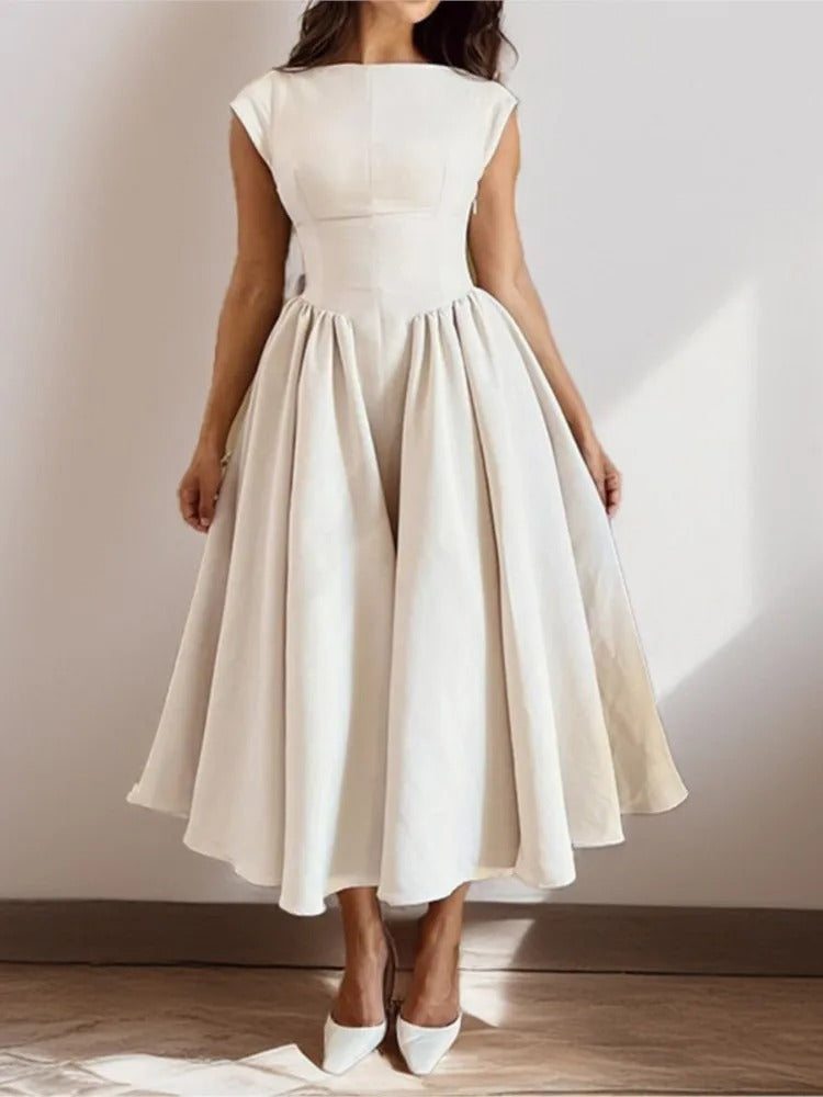 Women's Satin Midi Dress with Bateau Neck and Cap Sleeves | Open Back, Pockets | Sizes XS to XL, 4 Colors