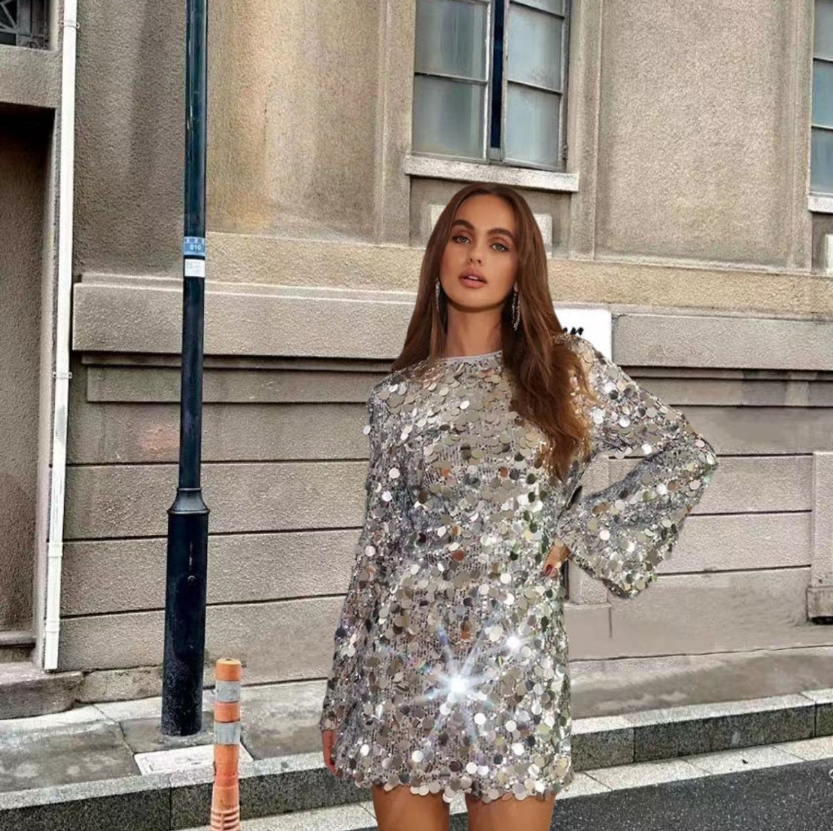 Women's Sequin Mini Dress with Trumpet Sleeves | Fitted Round Neck Cocktail Look | Sizes S to 2XL, Silver