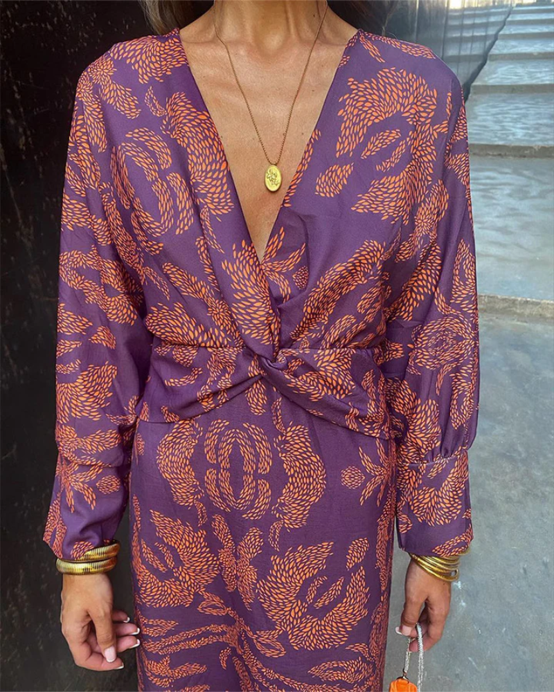 Women's Long Sleeve Evening Maxi Dress | Draped Patterned Fabric for Formal Dinners | Size S-3XL, 4 Colors