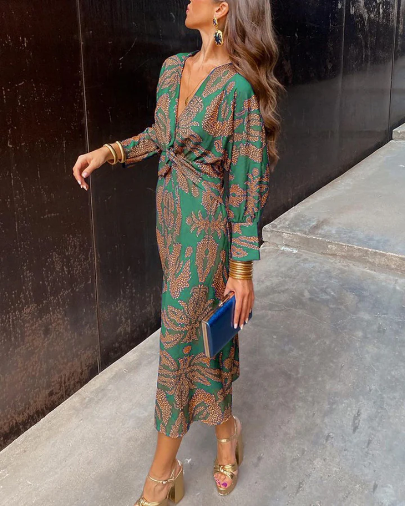 Women's Long Sleeve Evening Maxi Dress | Draped Patterned Fabric for Formal Dinners | Size S-3XL, 4 Colors