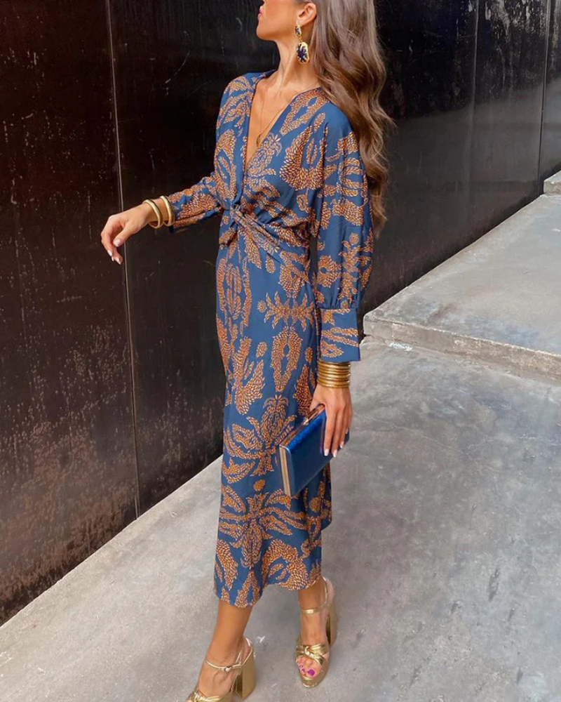 Women's Long Sleeve Evening Maxi Dress | Draped Patterned Fabric for Formal Dinners | Size S-3XL, 4 Colors